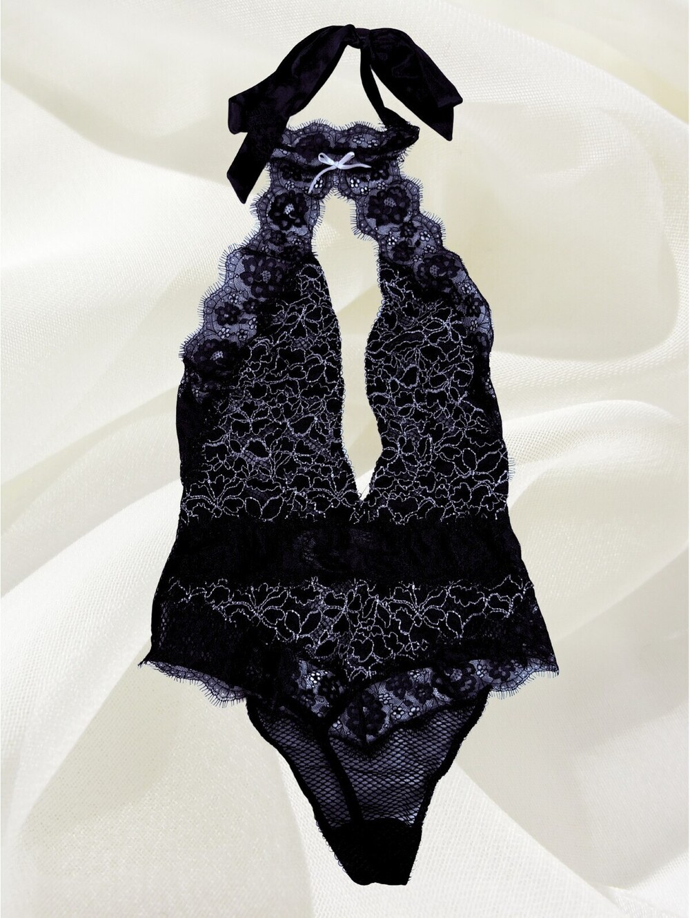 Victoria's Secret Black Lace Halter Teddy Bodysuit XS Plunge Lingerie 2016